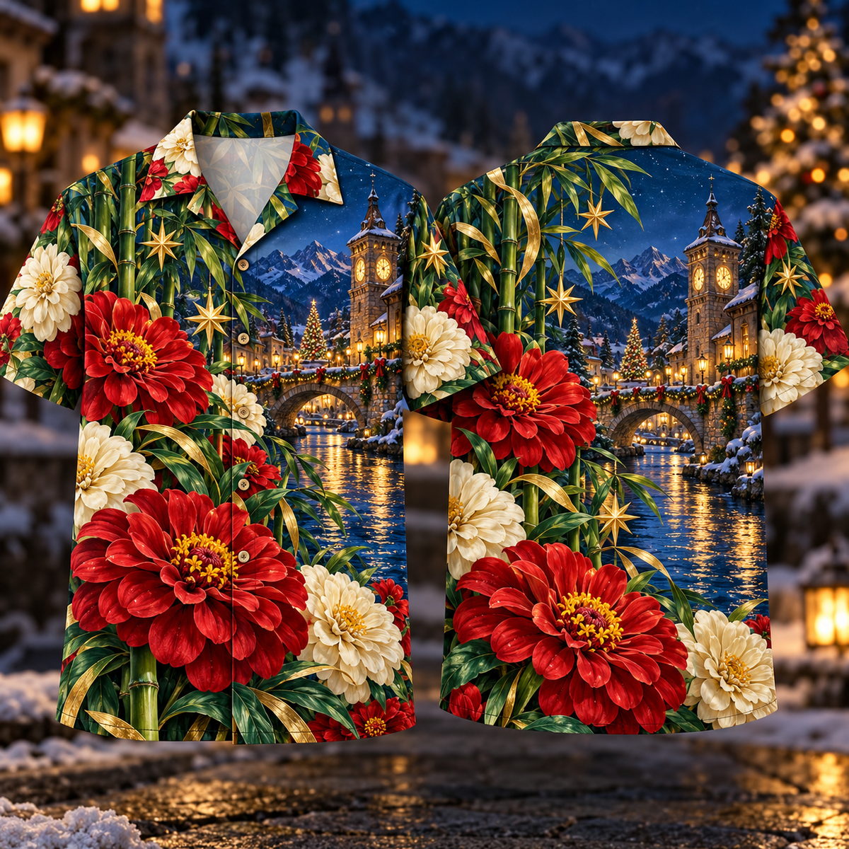 Digital mockup: front and back of one AlohaVero Christmas Ruby Zinnia Ivory Star Emerald Bamboo Sapphire Snowy Lantern Riverside Clocktower No Pocket Hawaiian shirt