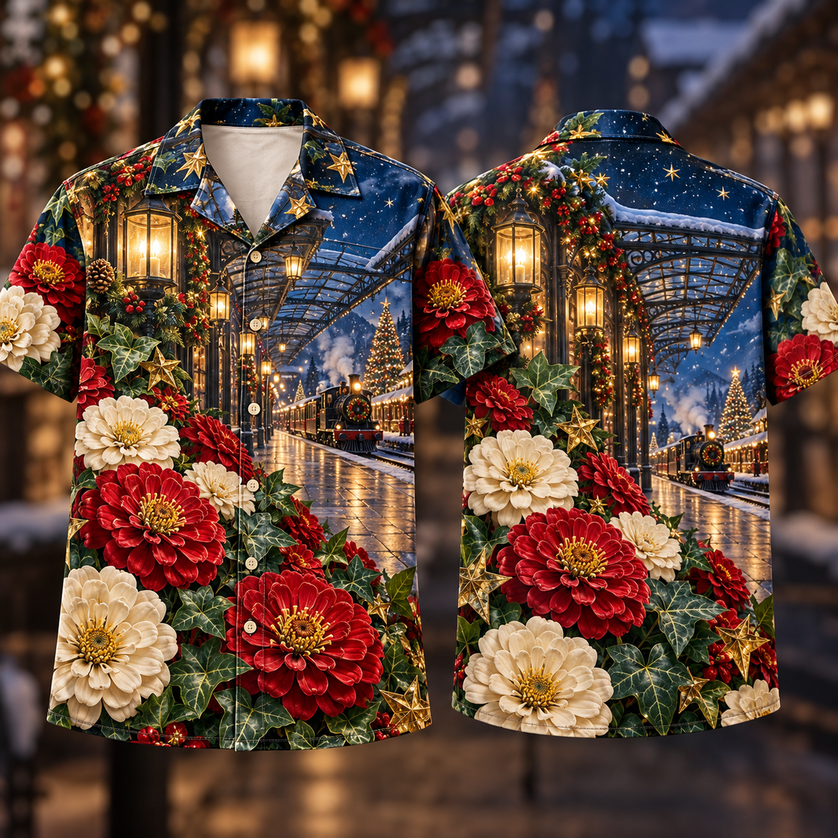 Digital mockup: front and back of one AlohaVero Christmas Ruby Zinnia Ivory Star Emerald Ivy Sapphire Lantern Railway Station No Pocket Hawaiian shirt