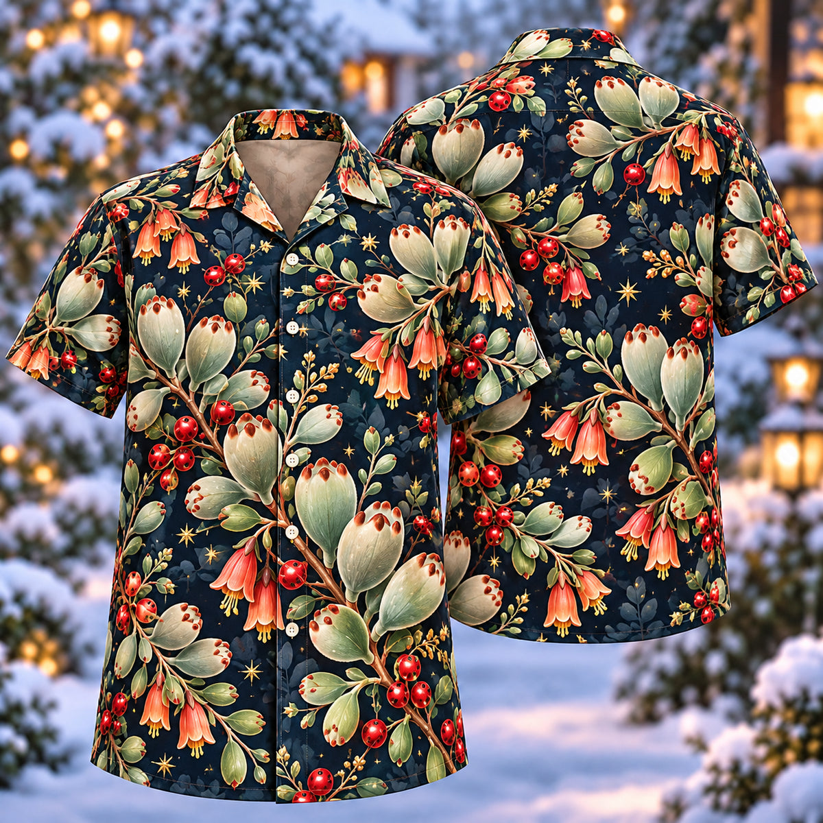 Digital mockup: front and back of one AlohaVero Christmas Sage Bear Paw Ladybird Navy Aloha No Pocket Hawaiian shirt