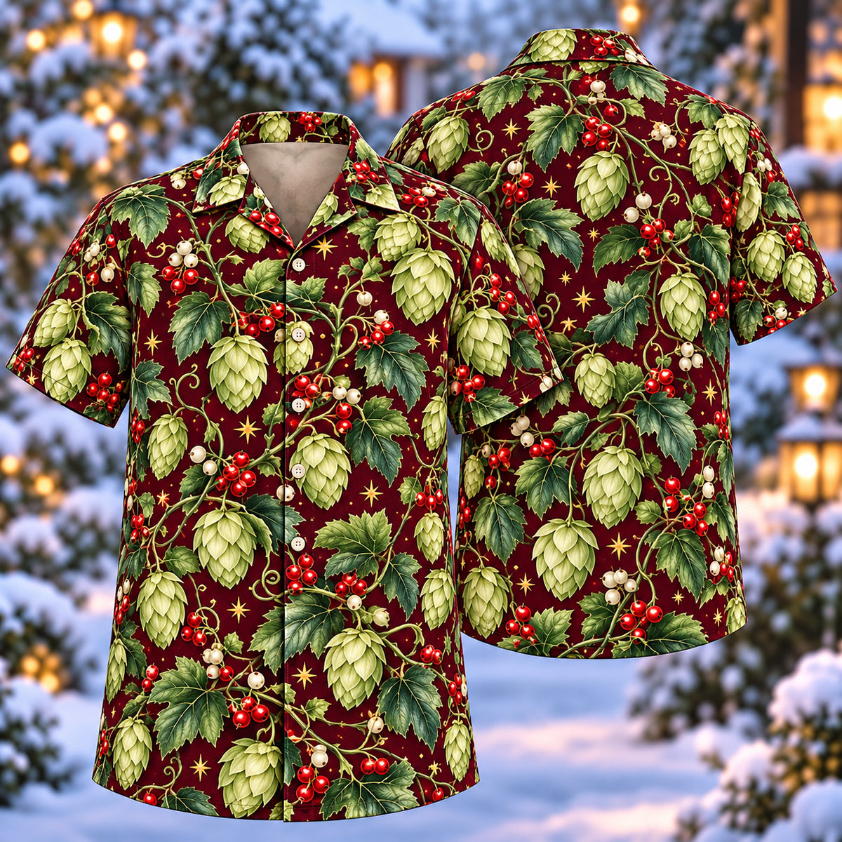 Digital mockup: front and back of one AlohaVero Christmas Sage Hopcone Wine Aloha No Pocket Hawaiian shirt