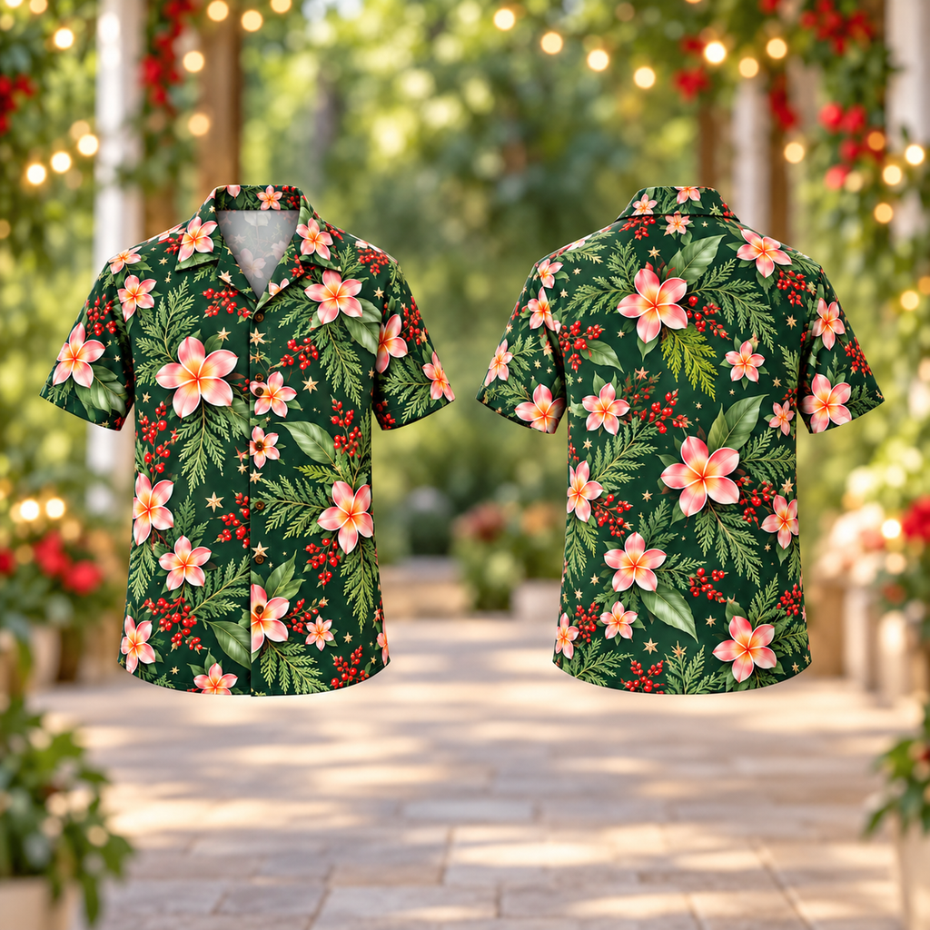 Digital mockup: front and back of one AlohaVero Christmas Salmon Frangipani Cypress Aloha No Pocket Hawaiian shirt