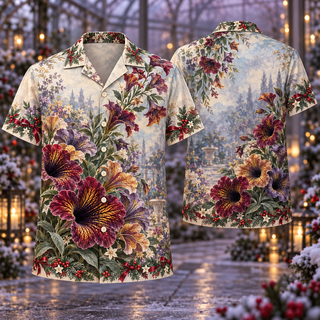 Digital mockup: front and back of one AlohaVero Christmas Salpiglossis Plum Amber Garden No Pocket Hawaiian shirt