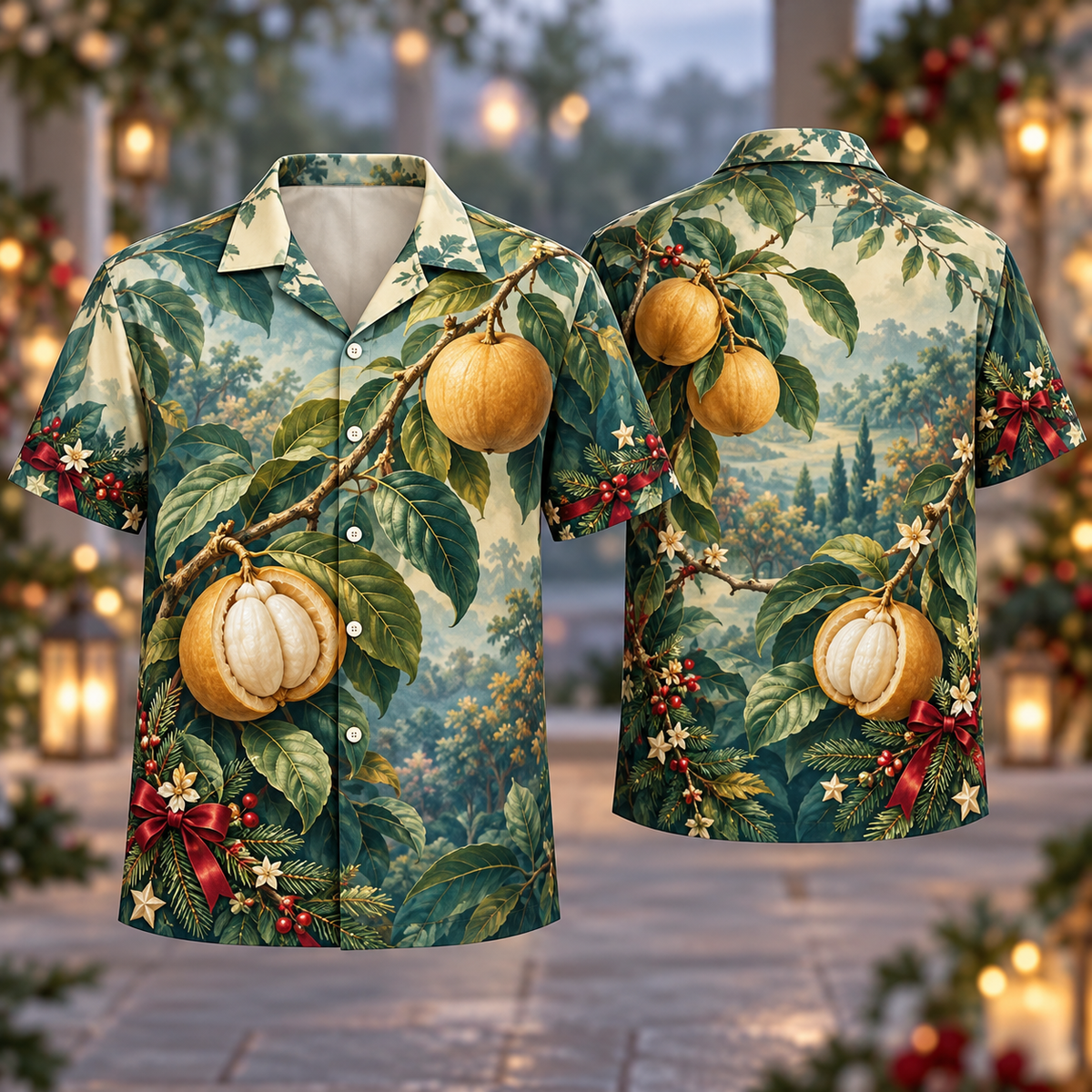 Digital mockup: front and back of one AlohaVero Christmas Santol Honey Jade No Pocket Hawaiian shirt
