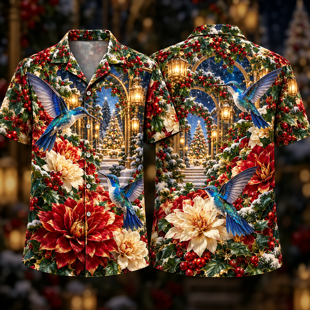 Digital mockup: front and back of one AlohaVero Christmas Sapphire Hummingbird Ruby Dahlia Golden Lantern Grove No Pocket Hawaiian shirt