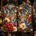 Digital mockup: front and back of one AlohaVero Christmas Sapphire Hummingbird Ruby Dahlia Golden Lantern Grove No Pocket Hawaiian shirt