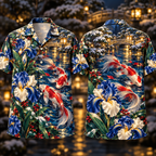 Digital mockup: front and back of one AlohaVero Christmas Sapphire Iris Ruby Koi Golden Lantern Cascade No Pocket Hawaiian shirt