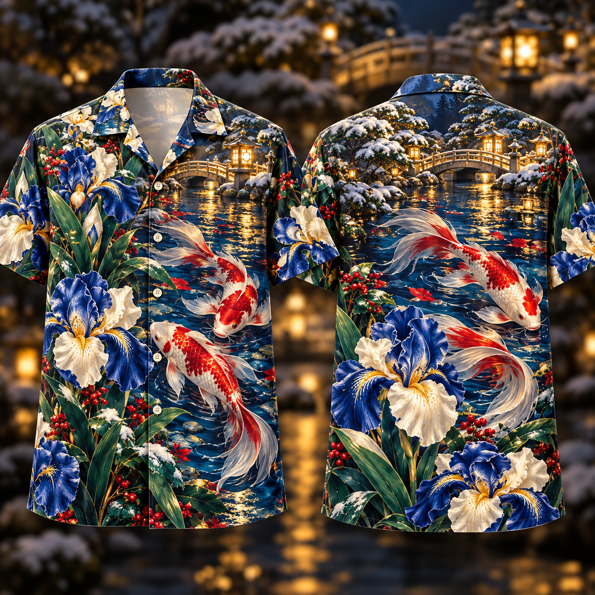Digital mockup: front and back of one AlohaVero Christmas Sapphire Iris Ruby Koi Golden Lantern Cascade No Pocket Hawaiian shirt
