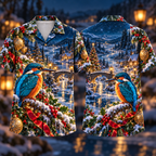 Digital mockup: front and back of one AlohaVero Christmas Sapphire Kingfisher Frozen River Arch No Pocket Hawaiian shirt