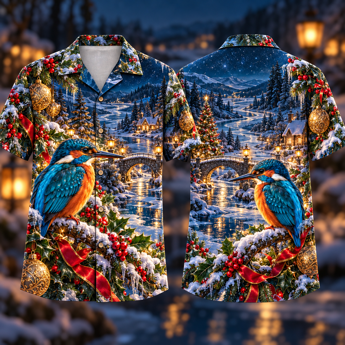 Digital mockup: front and back of one AlohaVero Christmas Sapphire Kingfisher Frozen River Arch No Pocket Hawaiian shirt