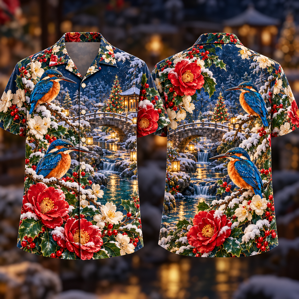 Digital mockup: front and back of one AlohaVero Christmas Sapphire Kingfisher Ruby Camellia Lantern Creek No Pocket Hawaiian shirt