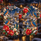 Digital mockup: front and back of one AlohaVero Christmas Sapphire Kingfisher Ruby Camellia Lantern Creek No Pocket Hawaiian shirt
