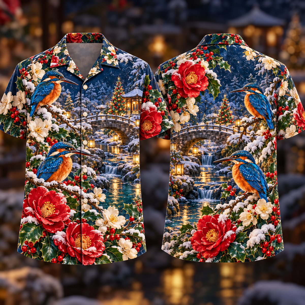 Digital mockup: front and back of one AlohaVero Christmas Sapphire Kingfisher Ruby Camellia Lantern Creek No Pocket Hawaiian shirt