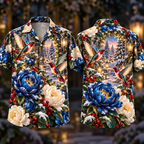 Digital mockup: front and back of one AlohaVero Christmas Sapphire Peony Ruby Hummingbird Optical Garden No Pocket Hawaiian shirt
