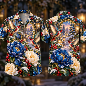 Christmas Sapphire Peony Ruby Hummingbird Optical Garden Hawaiian Shirt