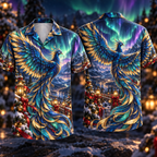 Digital mockup: front and back of one AlohaVero Christmas Sapphire Phoenix Aurora Flight No Pocket Hawaiian shirt