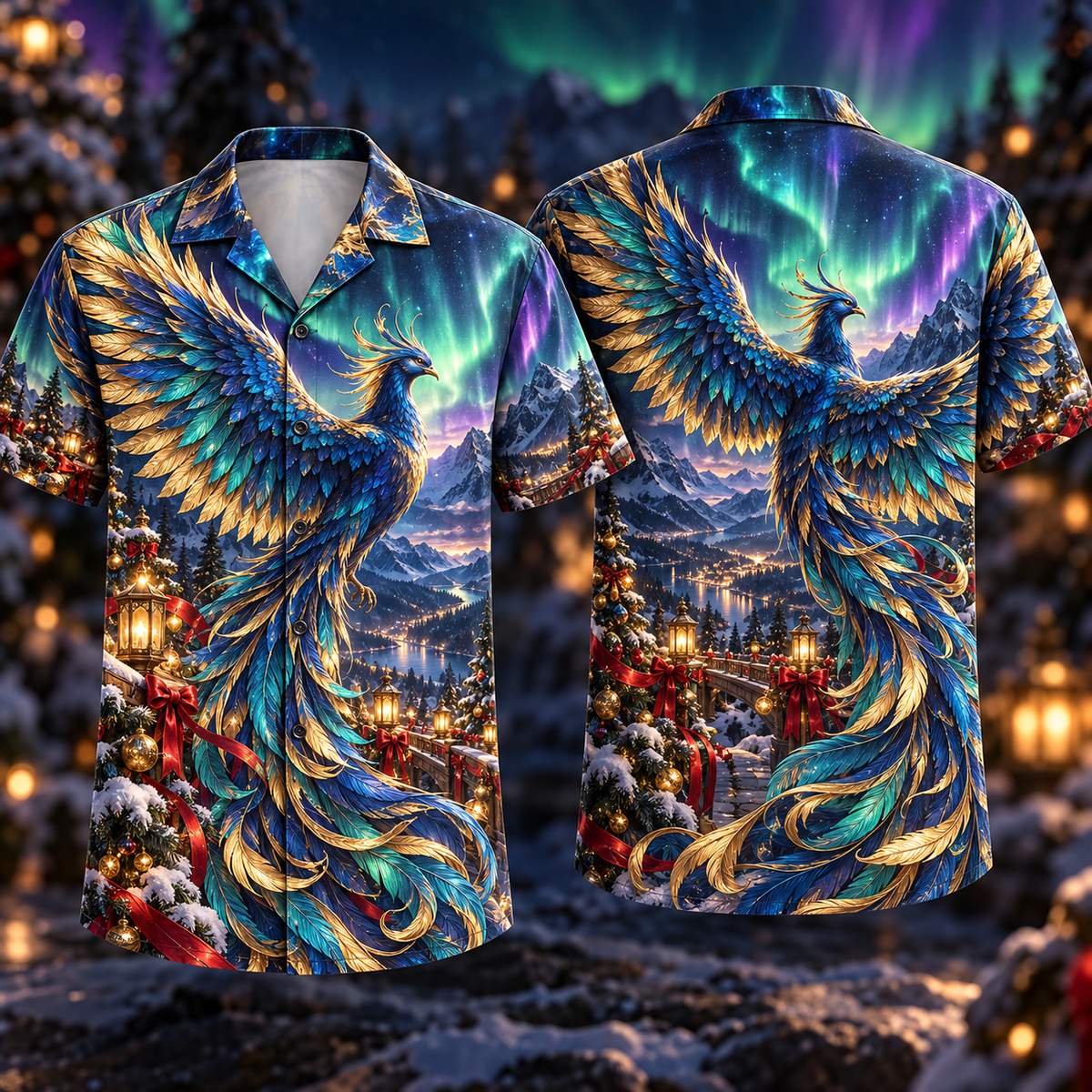 Digital mockup: front and back of one AlohaVero Christmas Sapphire Phoenix Aurora Flight No Pocket Hawaiian shirt