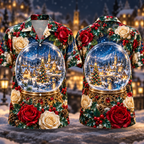 Digital mockup: front and back of one AlohaVero Christmas Sapphire Snow Globe Ruby Rose Golden Lantern Village No Pocket Hawaiian shirt