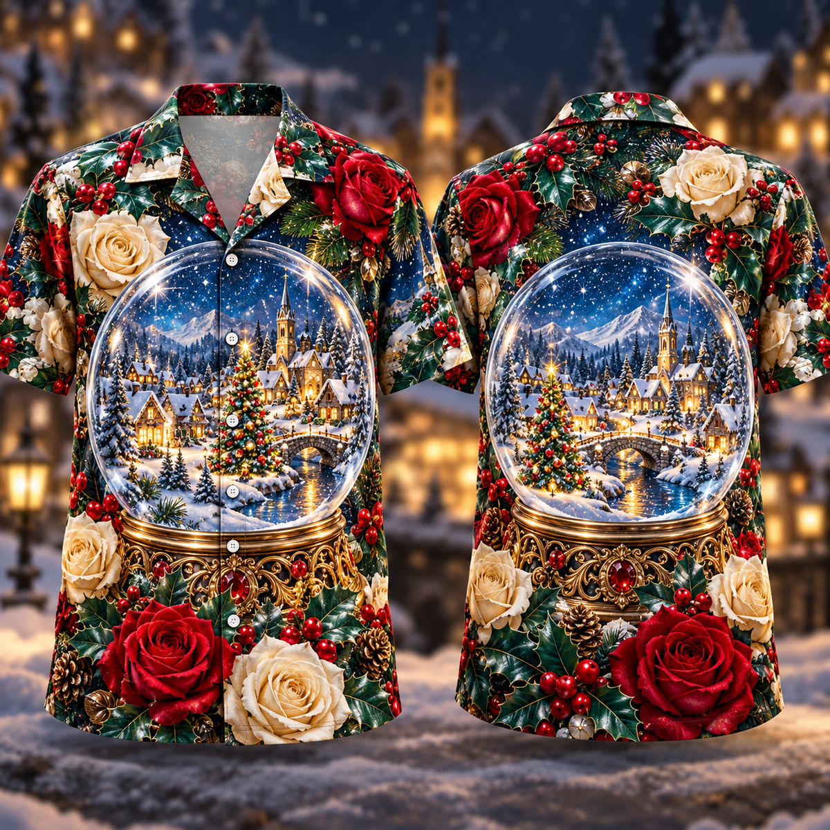 Digital mockup: front and back of one AlohaVero Christmas Sapphire Snow Globe Ruby Rose Golden Lantern Village No Pocket Hawaiian shirt