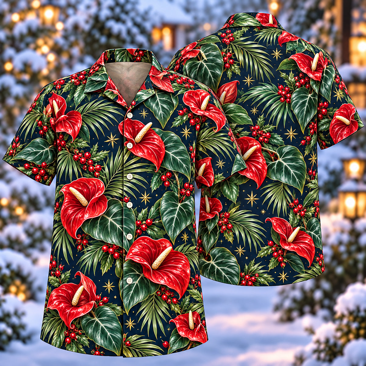Digital mockup: front and back of one AlohaVero Christmas Scarlet Anthurium Midnight Aloha No Pocket Hawaiian shirt