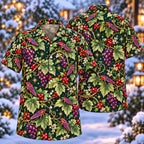 Digital mockup: front and back of one AlohaVero Christmas Scarlet Blue Leafhopper Grapevine Aloha No Pocket Hawaiian shirt