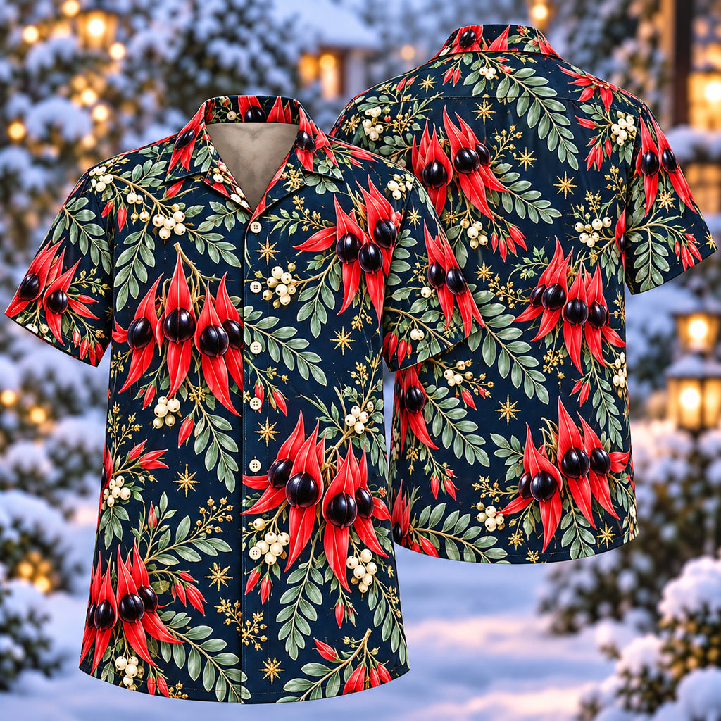 Digital mockup: front and back of one AlohaVero Christmas Scarlet Desert Pea Navy Aloha No Pocket Hawaiian shirt