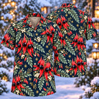 Digital mockup: front and back of one AlohaVero Christmas Scarlet Desert Pea Navy Aloha No Pocket Hawaiian shirt
