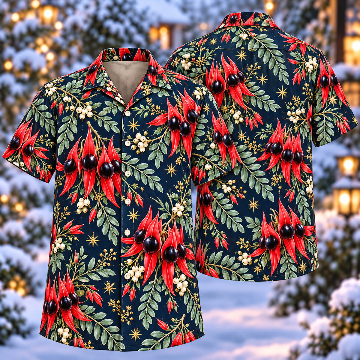Digital mockup: front and back of one AlohaVero Christmas Scarlet Desert Pea Navy Aloha No Pocket Hawaiian shirt