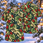 Digital mockup: front and back of one AlohaVero Christmas Scarlet Firebug Linden Teal Aloha No Pocket Hawaiian shirt