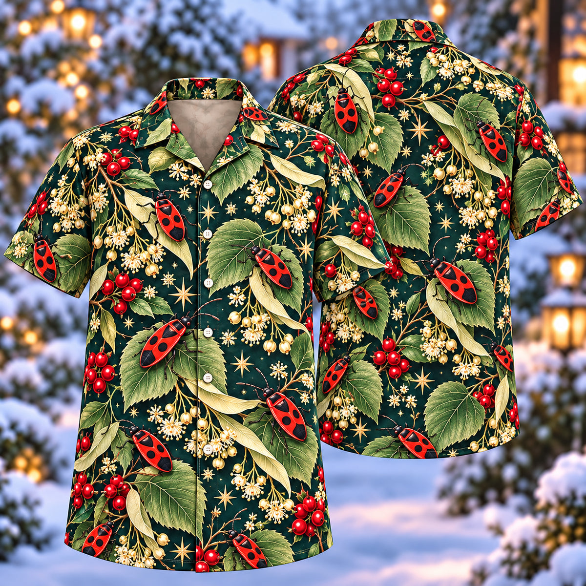 Digital mockup: front and back of one AlohaVero Christmas Scarlet Firebug Linden Teal Aloha No Pocket Hawaiian shirt