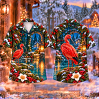Digital mockup: front and back of one AlohaVero Christmas Scarlet Ibis Lantern Lagoon Print No Pocket Hawaiian shirt