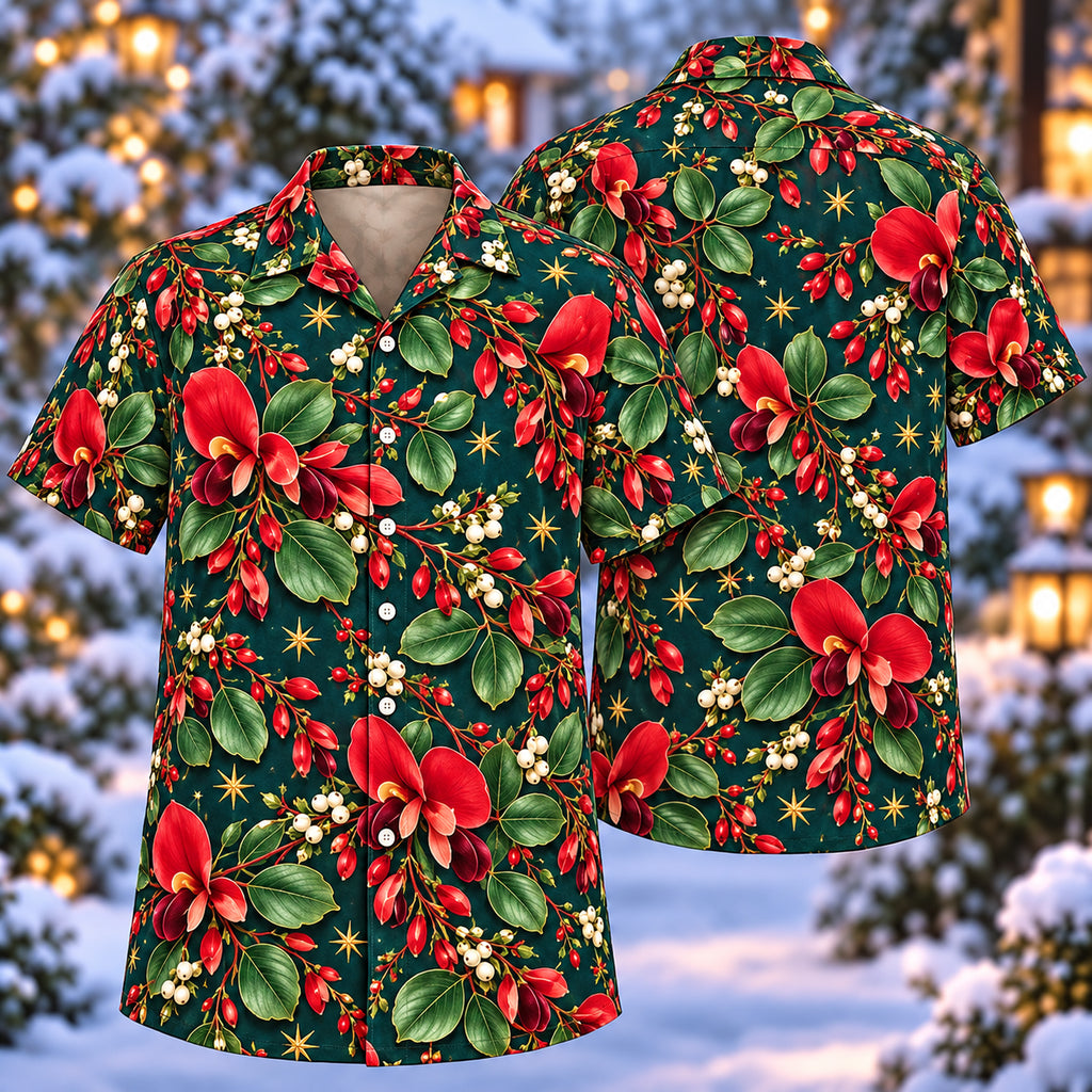 Digital mockup: front and back of one AlohaVero Christmas Scarlet Kennedia Teal Aloha No Pocket Hawaiian shirt