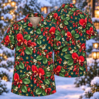 Digital mockup: front and back of one AlohaVero Christmas Scarlet Kennedia Teal Aloha No Pocket Hawaiian shirt