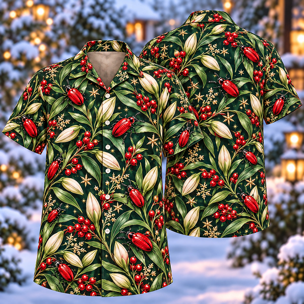 Digital mockup: front and back of one AlohaVero Christmas Scarlet Lily Beetle Aloha No Pocket Hawaiian shirt