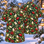 Digital mockup: front and back of one AlohaVero Christmas Scarlet Lily Beetle Aloha No Pocket Hawaiian shirt