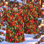 Digital mockup: front and back of one AlohaVero Christmas Scarlet Lipstick Plant Copper Aloha No Pocket Hawaiian shirt