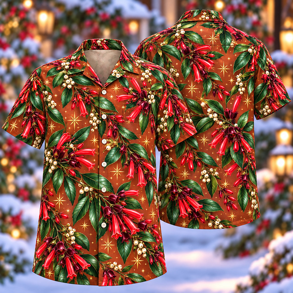 Digital mockup: front and back of one AlohaVero Christmas Scarlet Lipstick Plant Copper Aloha No Pocket Hawaiian shirt