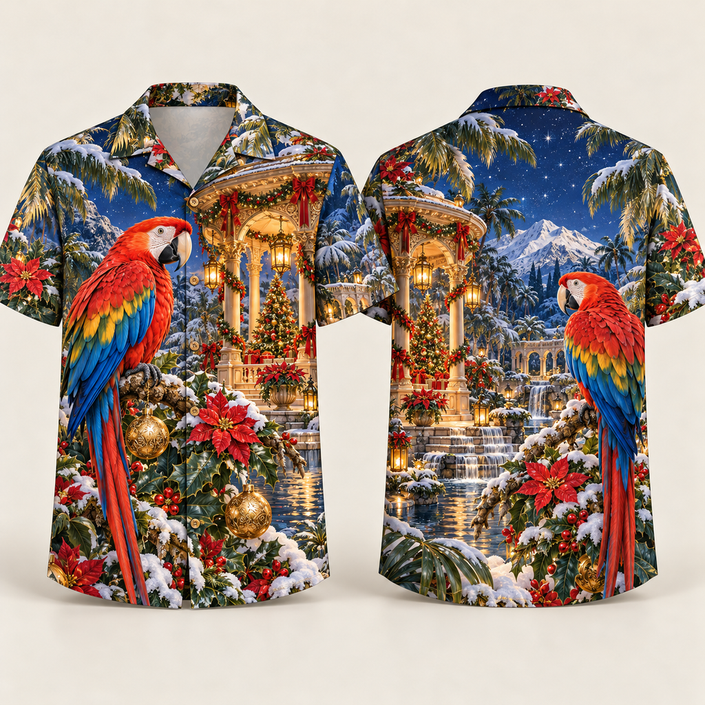 Digital mockup: front and back of one AlohaVero Christmas Scarlet Macaw Tropical Snow Pavilion No Pocket Hawaiian shirt