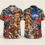 Digital mockup: front and back of one AlohaVero Christmas Scarlet Macaw Tropical Snow Pavilion No Pocket Hawaiian shirt