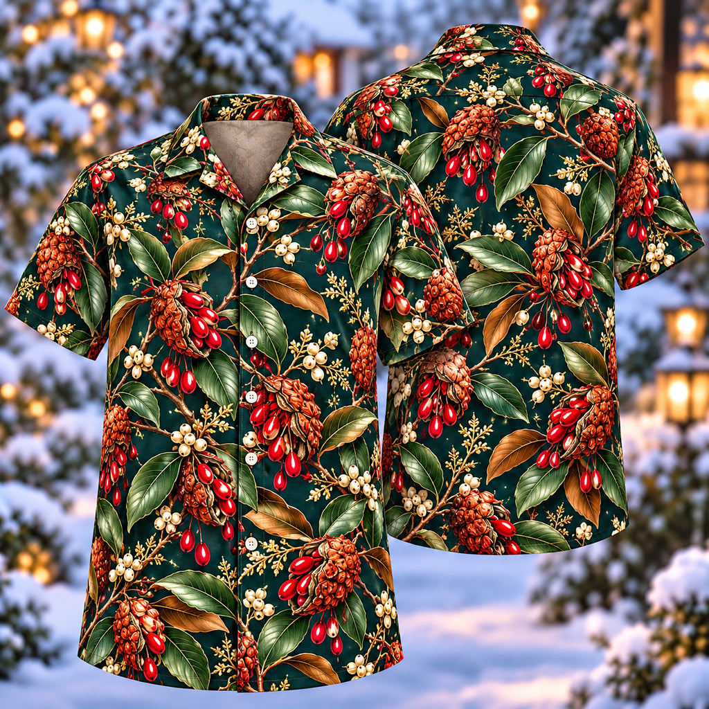 Digital mockup: front and back of one AlohaVero Christmas Scarlet Magnolia Seedcone Teal Aloha No Pocket Hawaiian shirt