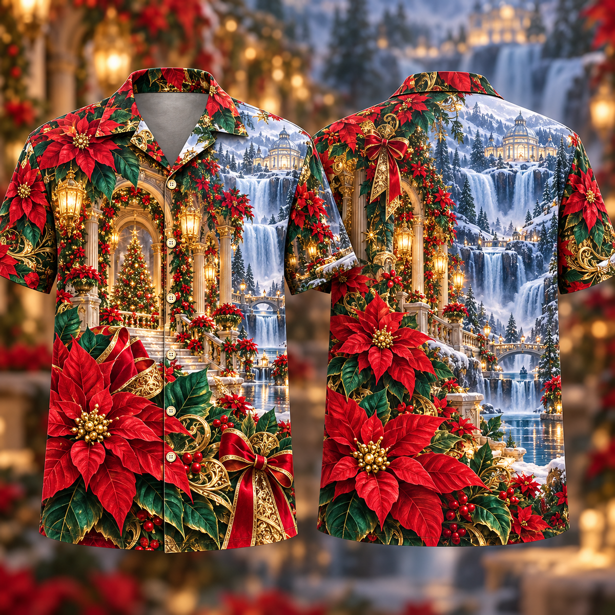 Digital mockup: front and back of one AlohaVero Christmas Scarlet Poinsettia Emerald Waterfall Palace No Pocket Hawaiian shirt