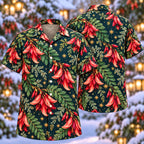 Digital mockup: front and back of one AlohaVero Christmas Scarlet Sesbania Navy Aloha No Pocket Hawaiian shirt