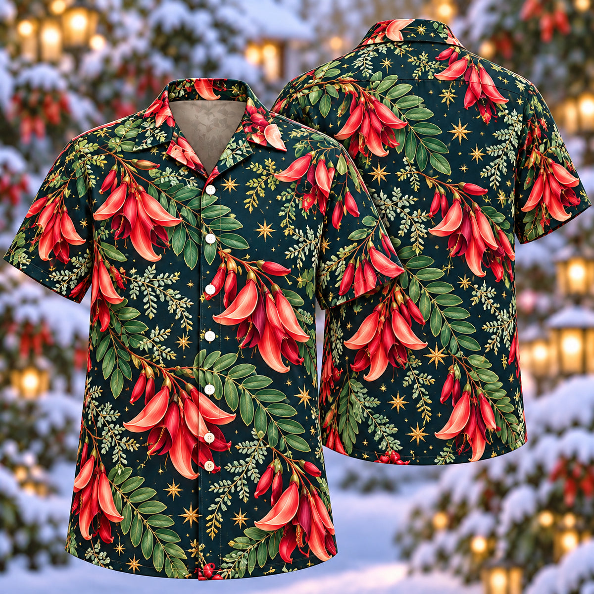 Digital mockup: front and back of one AlohaVero Christmas Scarlet Sesbania Navy Aloha No Pocket Hawaiian shirt