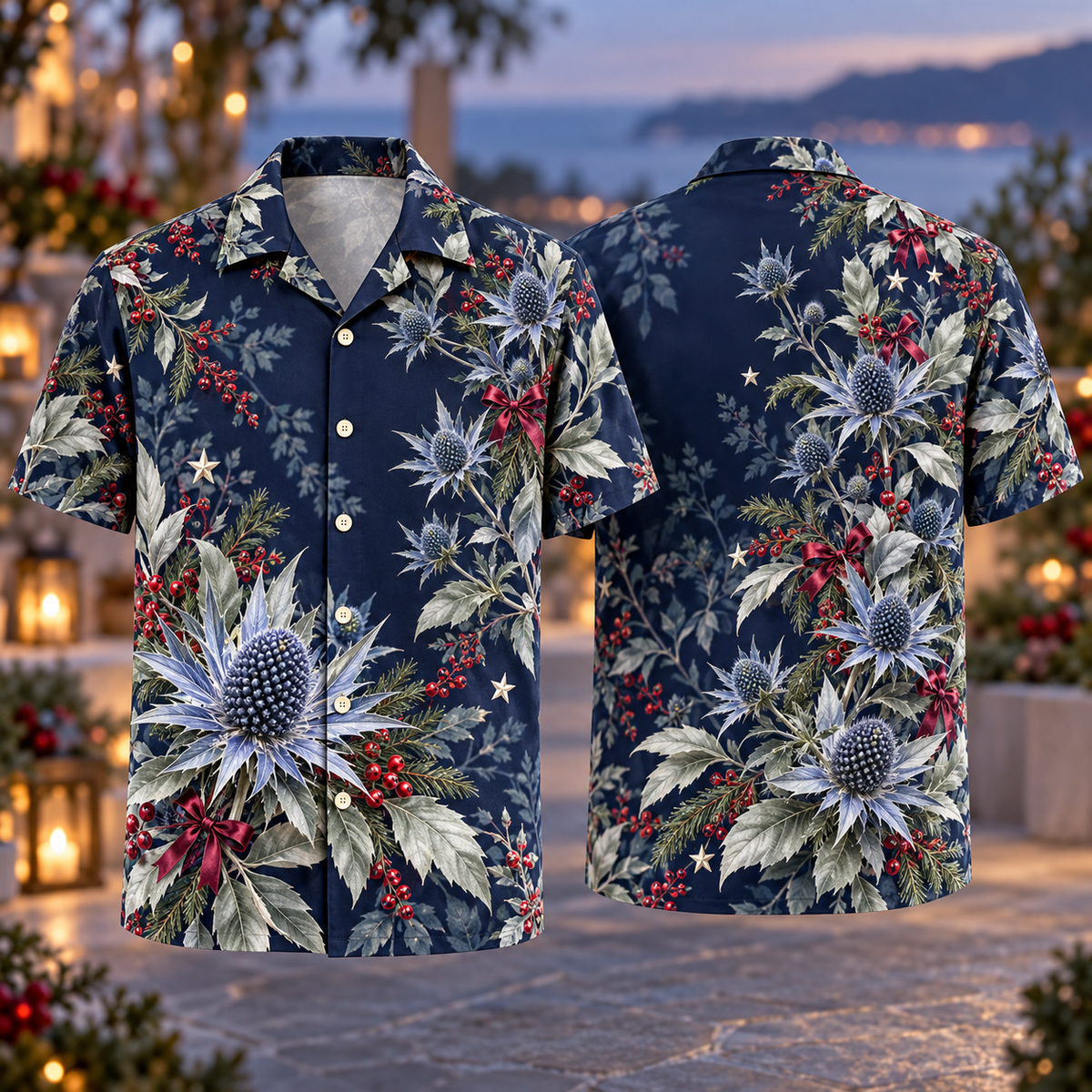 Digital mockup: front and back of one AlohaVero Christmas Sea Holly Steel Blue Indigo No Pocket Hawaiian shirt