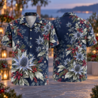 Digital mockup: front and back of one AlohaVero Christmas Sea Holly Steel Blue Indigo No Pocket Hawaiian shirt