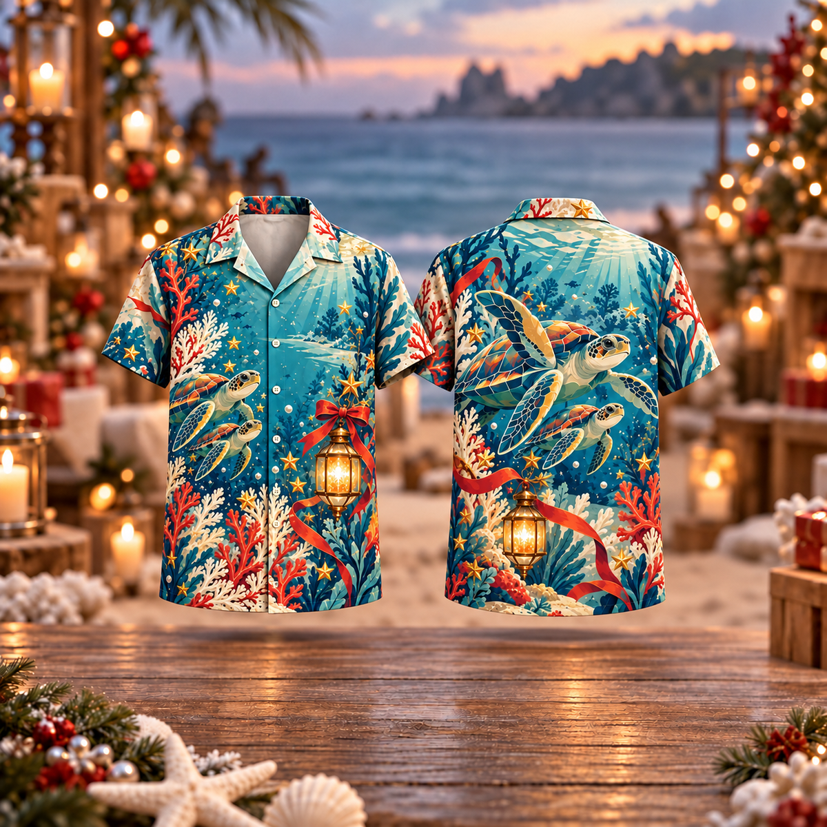 Digital mockup: front and back of one AlohaVero Christmas Sea Turtle Companions Aqua Coral Ivory No Pocket Hawaiian shirt
