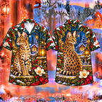 Digital mockup: front and back of one AlohaVero Christmas Serval Lantern Terrace Print No Pocket Hawaiian shirt