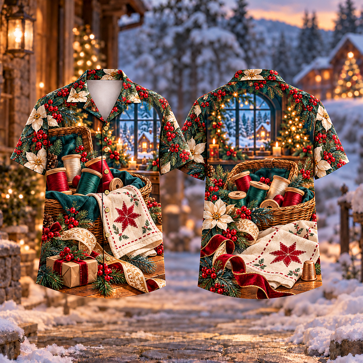 Digital mockup: front and back of one AlohaVero Christmas Sewing Basket Mended Memories Print No Pocket Hawaiian shirt