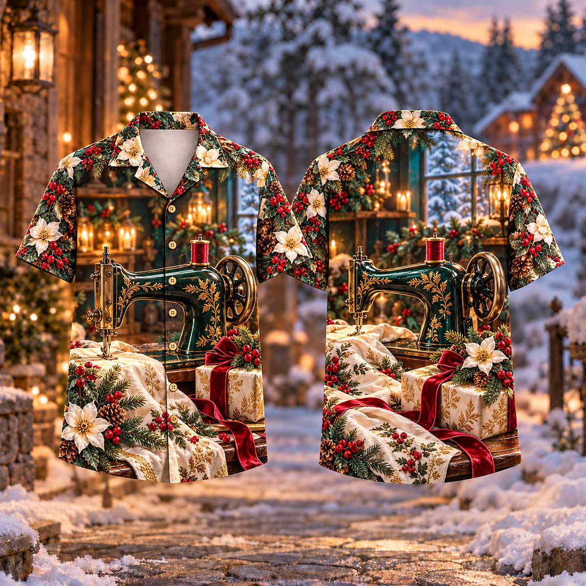 Digital mockup: front and back of one AlohaVero Christmas Sewing Machine Winter Gift Print No Pocket Hawaiian shirt