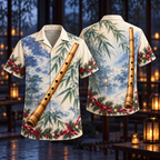 Digital mockup: front and back of one AlohaVero Christmas Shakuhachi Honey Blue Mist No Pocket Hawaiian shirt
