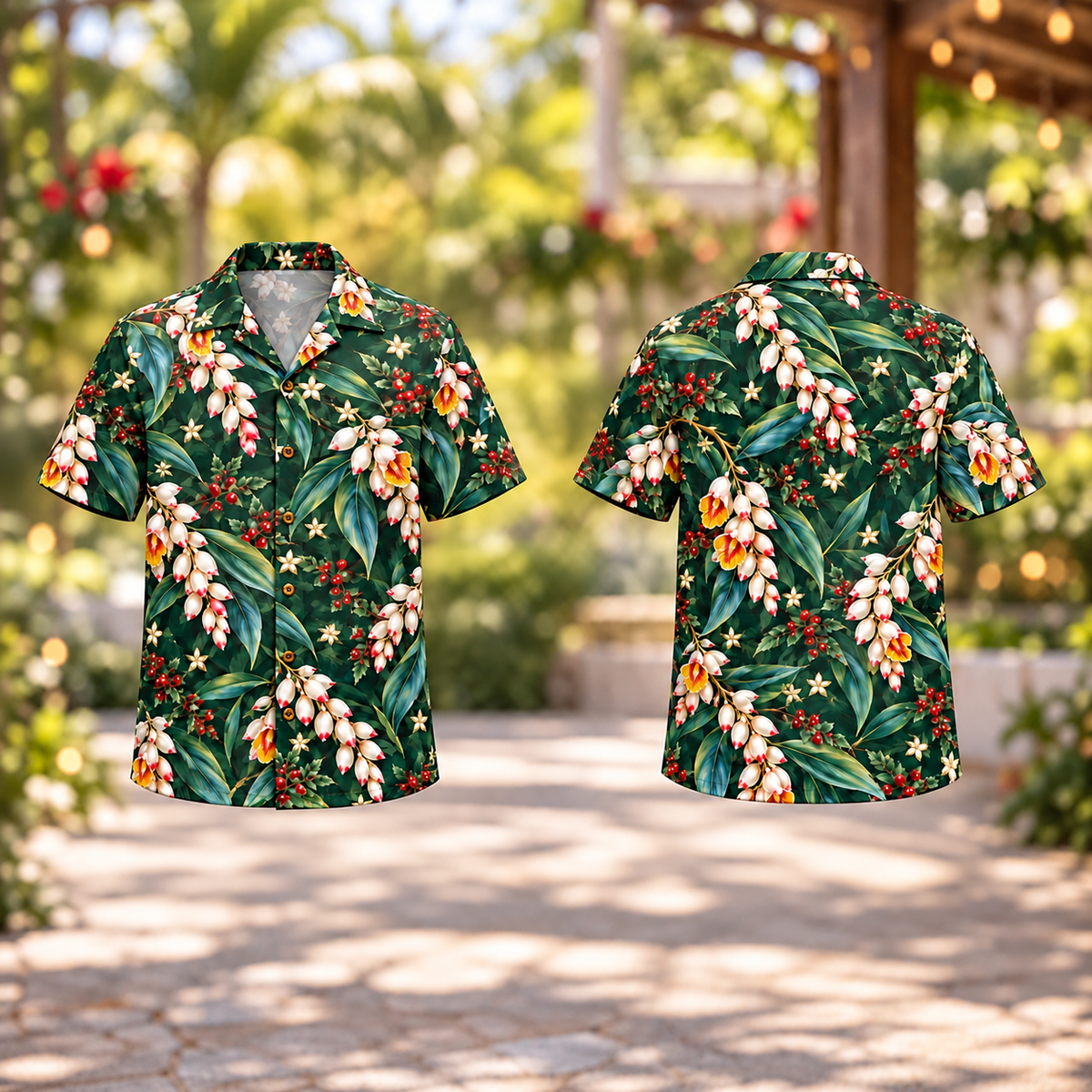 Digital mockup: front and back of one AlohaVero Christmas Shell Ginger Evergreen Aloha No Pocket Hawaiian shirt